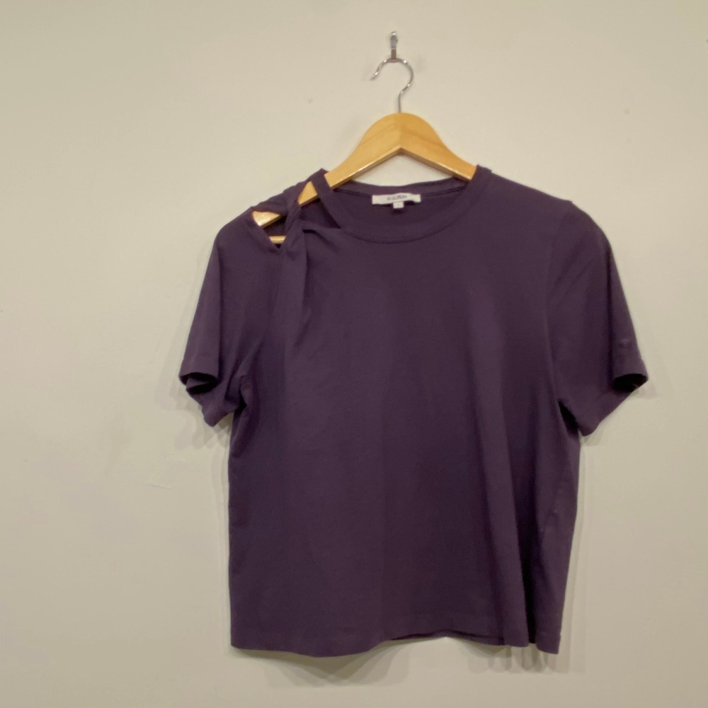 Scalpers Womens Purple Twisted Shoulder Cutout Short Sleeve Tee Shirt Small